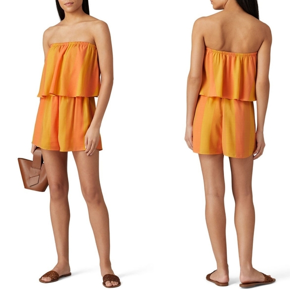 SMYMuMu Strapless Stripe Romper Orange Yellow Clay Summer Beach Vacation Coachel - Picture 2 of 10